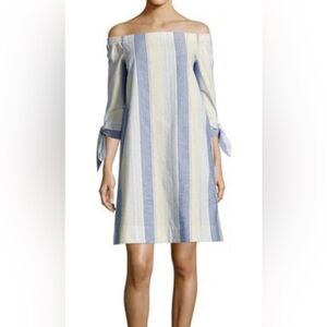 Lafayette 148 New York Natalya Caribbean Striped Blue White Off Shoulder Dress